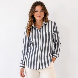 Lola River Striped Button Down Shirt Top Womens L Blue White Nautical Preppy